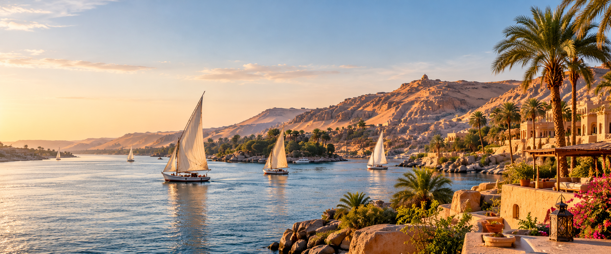 Feluccas on the Nile at golden hour